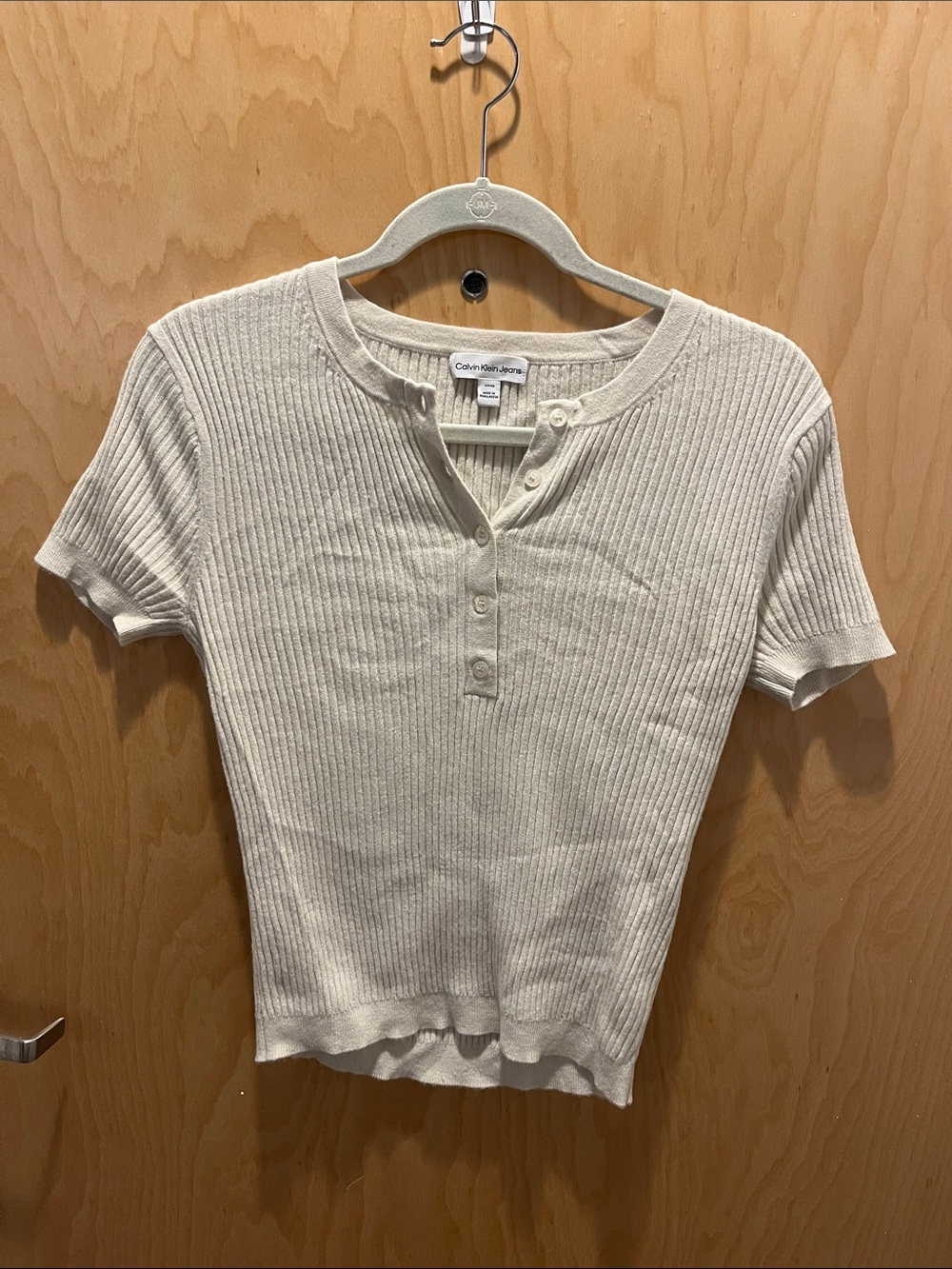 Calvin Klein Jeans Cream Ribbed Henley Short Sleeve Top